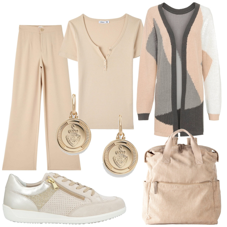 Outfit donna - Total look #1806899. Stile Casual chic per Scuola/Università. Abbinamento con cardigans, zaini, sneakers, pantaloni, t-shirt, orecchini.