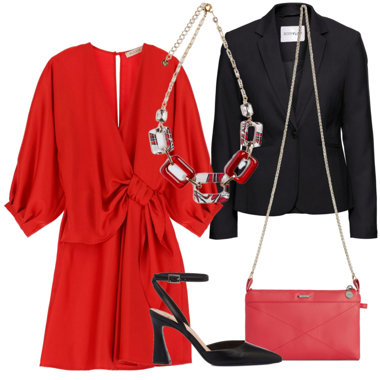 Outfit donna - Rosso per il V-day. Stile Sexy per Serata fuori. Abbinamento con blazer, vestiti corti, clutch, décolleté, collane.