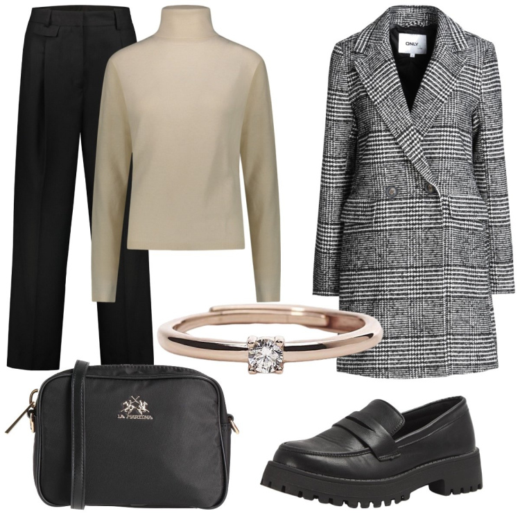 Outfit donna - In ufficio con semplicità. Stile Mannish per Ufficio. Abbinamento con cappotti, borse a tracolla, mocassini, anelli, pullovers, pantaloni.