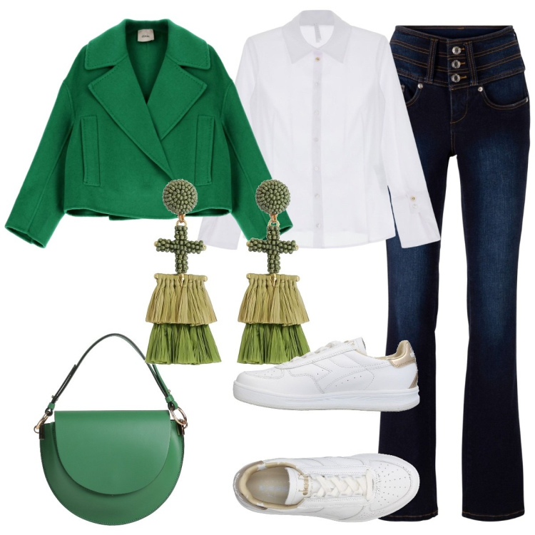 Outfit donna - Vivace. Stile Casual per Tutti i giorni. Abbinamento con jeans bootcut, sneakers, borse a mano, orecchini, camicie, cappotti.