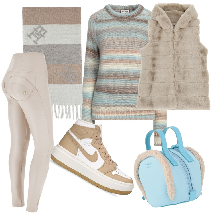 Outfit donna - Al parco. Stile Casual per Scuola/Università. Abbinamento con zaini, sciarpe, pullovers, pantaloni skinny, gilet, sneakers.