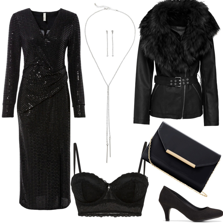 Outfit donna - L\'intimo sofisticato. Stile Glamour per Serata fuori. Abbinamento con reggiseni a balconcino, décolleté, vestiti, blazer, pochette, collane.