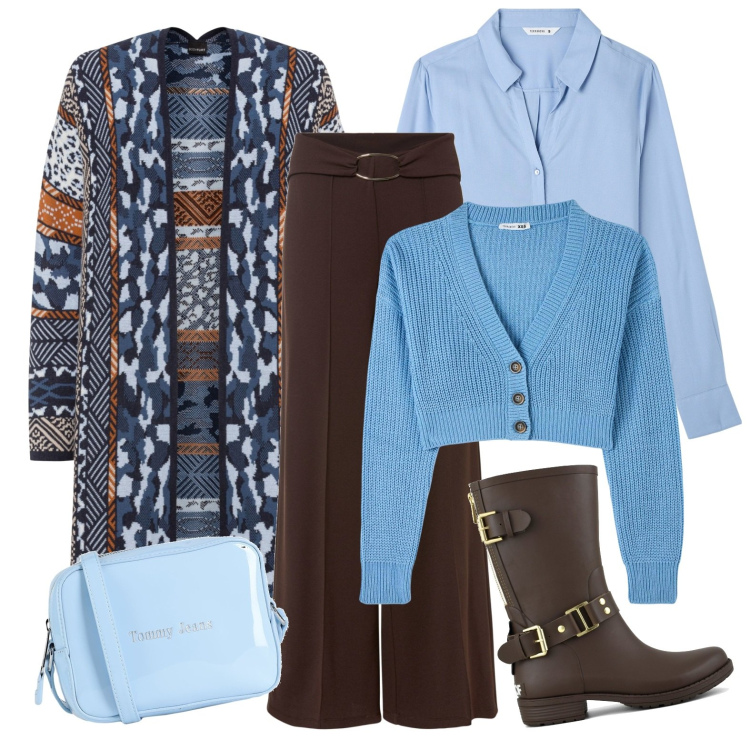 Outfit donna - Celeste e marrone. Stile Basic per Ufficio. Abbinamento con cardigans, pantaloni a palazzo, borse a tracolla, cardigans, camicie, stivali.