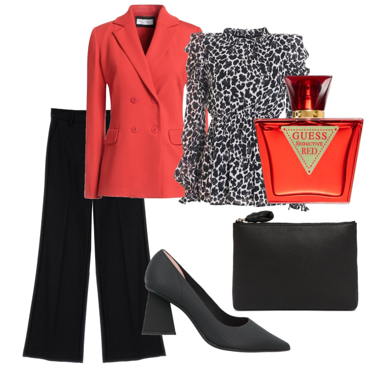 Outfit donna - Red. Stile Bon Ton per Ufficio. Abbinamento con blazer, décolleté, profumi, bluse, pantaloni a palazzo, pochette.