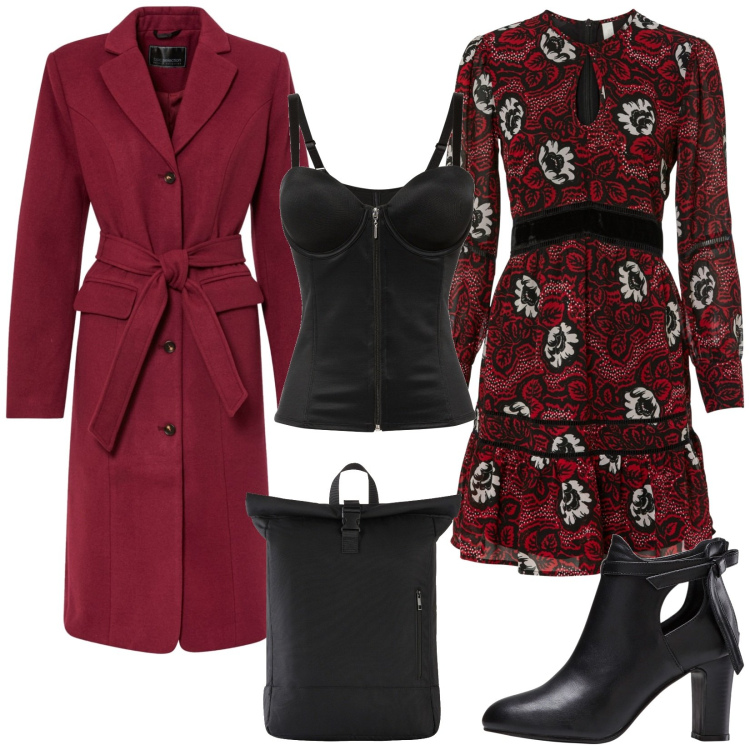 Outfit donna - Romantica floreale. Stile Romantica per Serata fuori. Abbinamento con stivaletti, vestiti, cappotti, body, zaini.