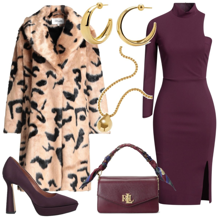 Outfit donna - Prugna. Stile Chic per Tutti i giorni. Abbinamento con décolleté, vestiti asimmetrici, cappotti, borse a mano, collane, orecchini.