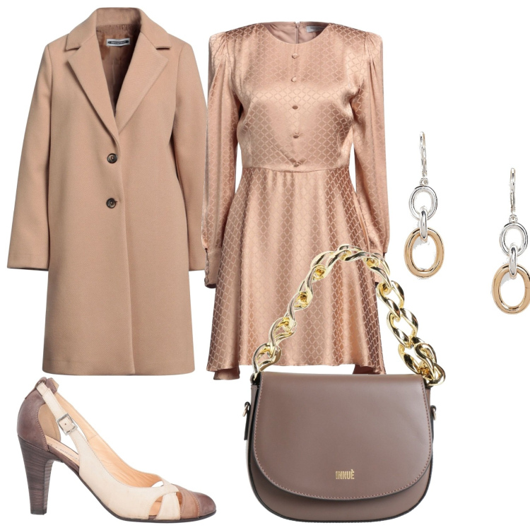 Outfit donna - Il pomeriggio con le amiche. Stile Chic per Tutti i giorni. Abbinamento con cappotti, vestiti corti, borse a mano, décolleté, orecchini.