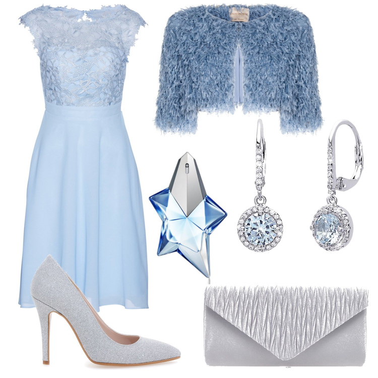 Outfit donna - Romantica. Stile Romantica per Serata fuori. Abbinamento con vestiti, profumi, orecchini, bolero, décolleté, pochette.