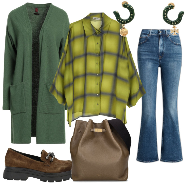 Outfit donna - Il jeans con la camicia a quadri. Stile Casual chic per Tutti i giorni. Abbinamento con cardigans, mocassini, orecchini, camicie, jeans, borse a spalla.