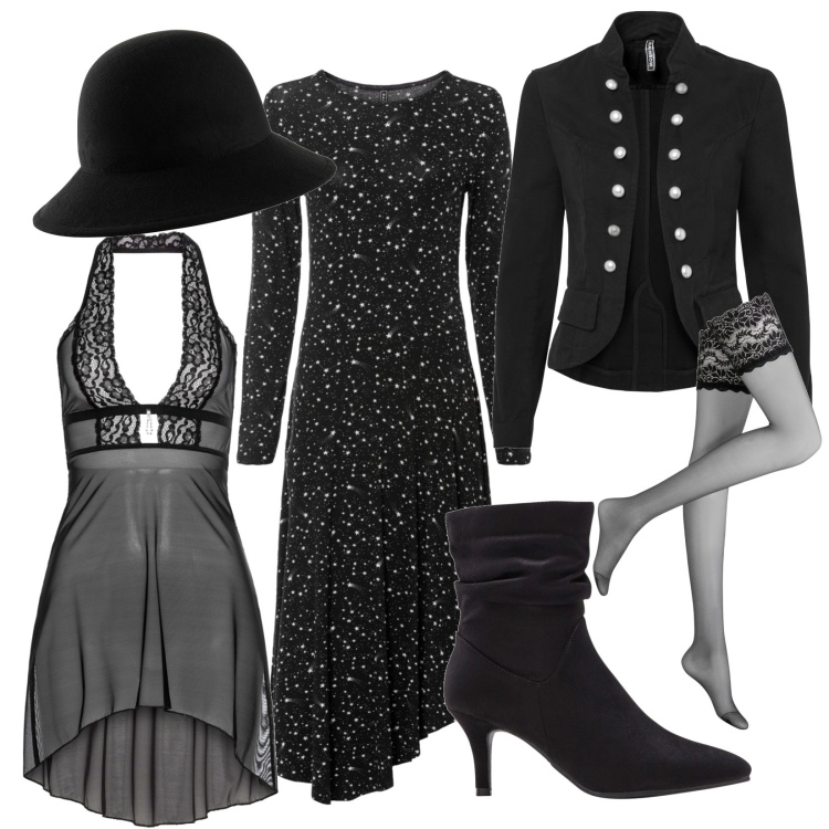Outfit donna - Monocolor. Stile Glamour per Serata fuori. Abbinamento con collant, vestiti asimmetrici, sottovesti, blazer, stivaletti, cappelli.