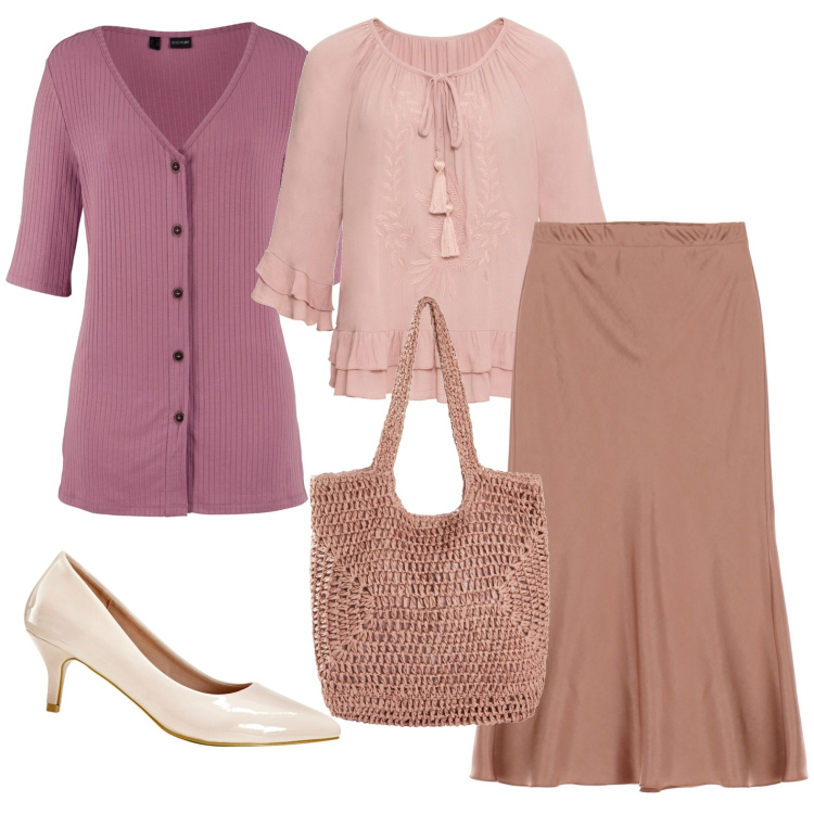 Outfit donna - Rosa tenue. Stile Minimal per Tutti i giorni. Abbinamento con tuniche, pullovers, décolleté, shopping bag, gonne longuette.
