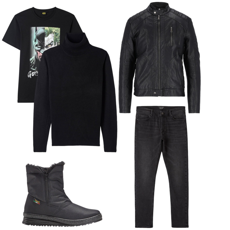 Outfit uomo - Total look #1807041. Stile Urban per Tutti i giorni. Abbinamento con stivali e stivaletti, cappotti, jeans skinny, maglieria, t-shirt.