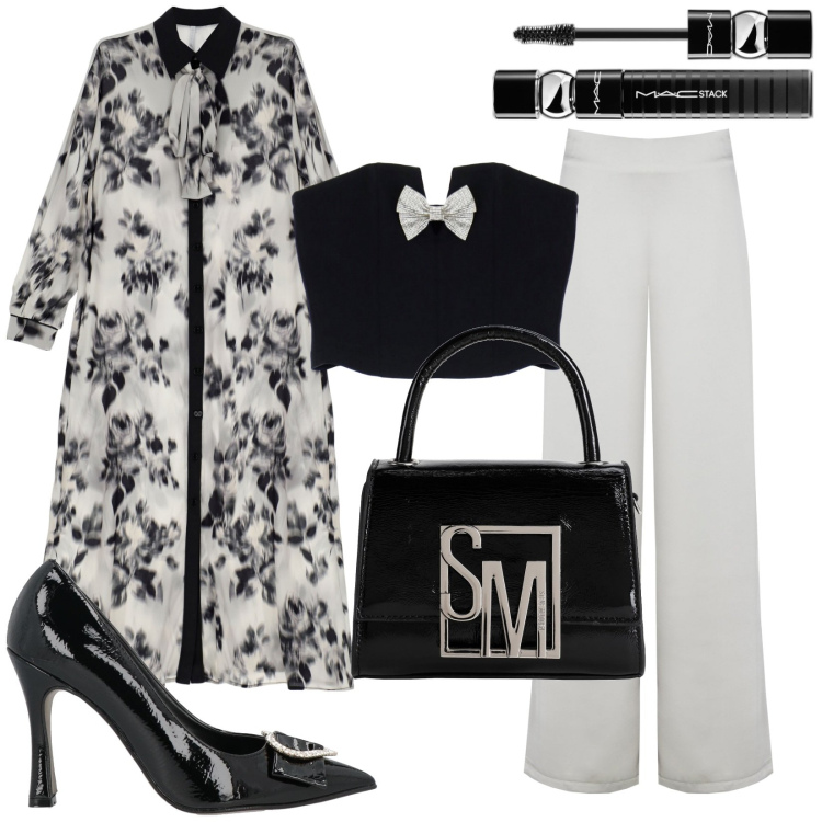 Outfit donna - Artiste. Stile Glamour per Serata fuori. Abbinamento con borse a mano, décolleté, mascara, pantaloni a palazzo, vestiti midi/longuette, top.