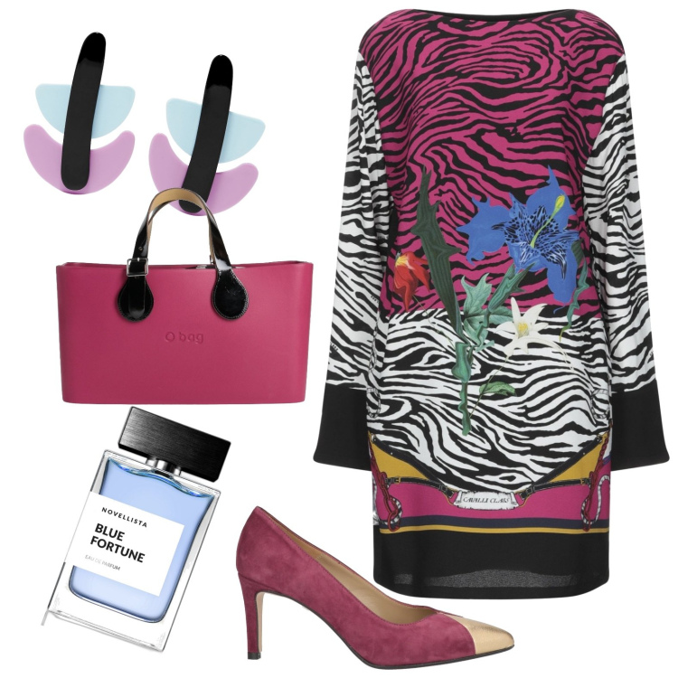 Outfit donna - Casacca fantasia. Stile Casual per Tutti i giorni. Abbinamento con vestiti corti, borse a mano, décolleté, orecchini, profumi.