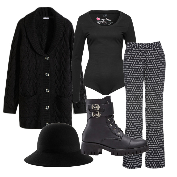 Outfit donna - Ghost outfitter - gennaio. Stile Trendy per Serata fuori. Abbinamento con cardigans, body, pantaloni, stivaletti, cappelli.