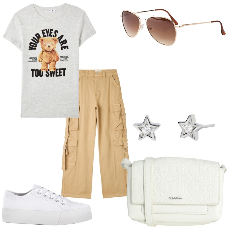 Outfit donna - Pantalone e maglietta. Stile Casual per Tutti i giorni. Abbinamento con sneakers, occhiali da sole, borse a tracolla, pantaloni cargo, t-shirt, orecchini.