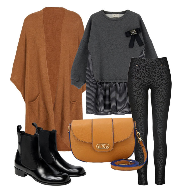 Outfit donna - Ghost outfitter - gennaio. Stile Casual chic per Ufficio. Abbinamento con jeggings, cappe, vestiti corti, pochette, stivaletti chelsea.
