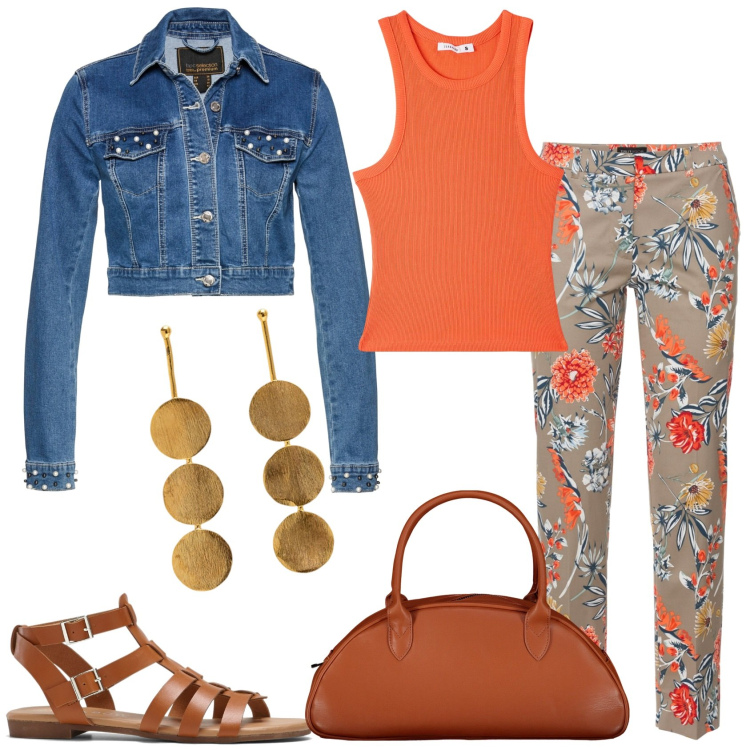 Outfit donna - Mi vesto comoda per la città. Stile Glamour per Tutti i giorni. Abbinamento con pantaloni, sandali, blazer, canottiere, borse a spalla, orecchini.