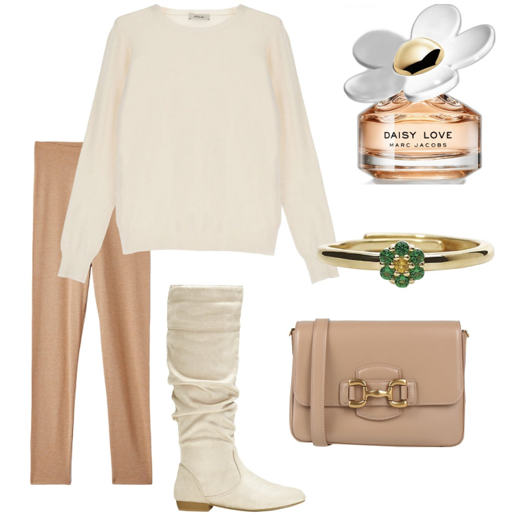 Outfit donna - Total look #1807138. Stile Casual chic per Tutti i giorni. Abbinamento con stivali, borse a tracolla, profumi, leggings, anelli, pullovers.