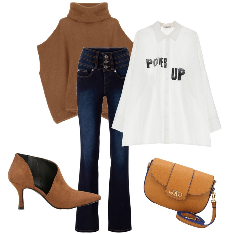 Outfit donna - Il poncho marrone. Stile Trendy per Ufficio. Abbinamento con jeans bootcut, maglieria, stivaletti, camicie, pochette.