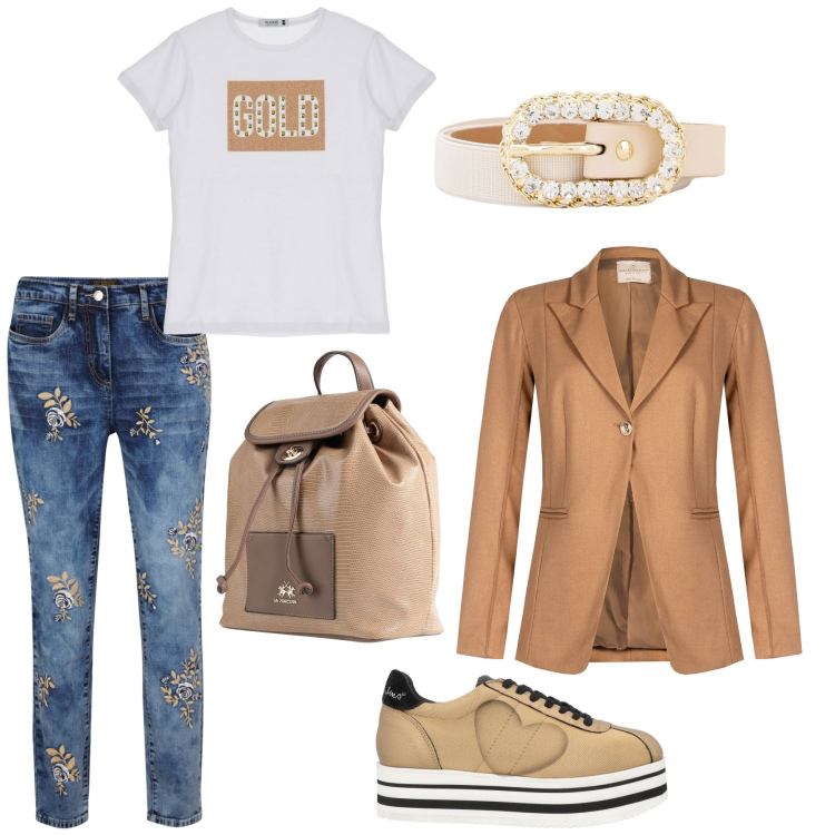 Outfit donna - Casual golden chic. Stile Casual chic per Tutti i giorni. Abbinamento con jeans, sneakers, zaini, blazer, t-shirt, cinture.