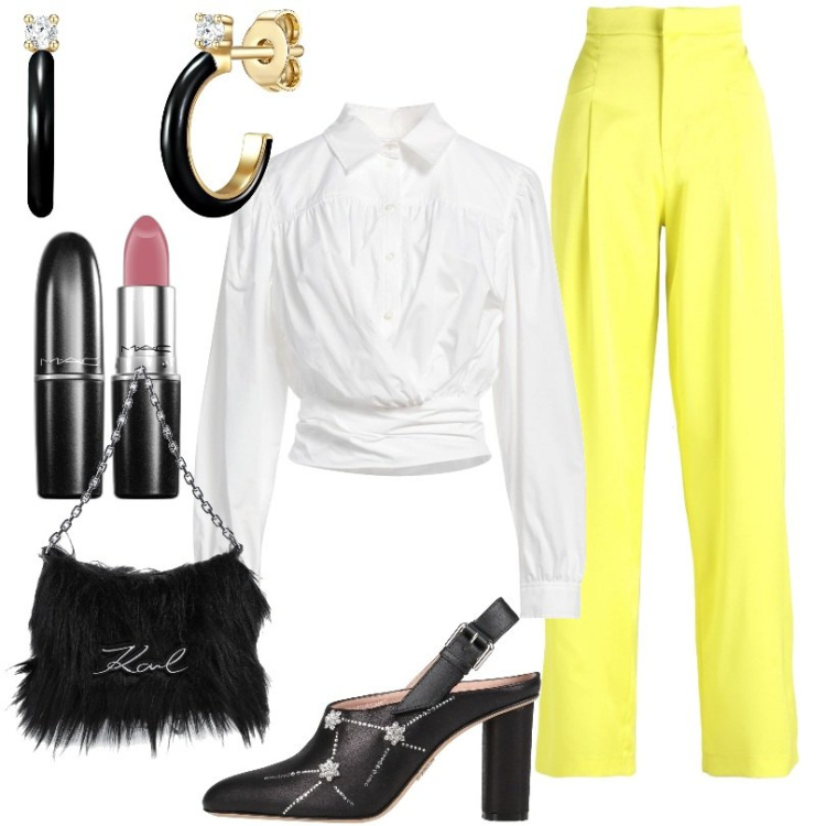 Outfit donna - look ufficio più libero e personalizzato. Stile Trendy per Ufficio. Abbinamento con pantaloni, camicie, décolleté, borse a mano, orecchini, rossetti.