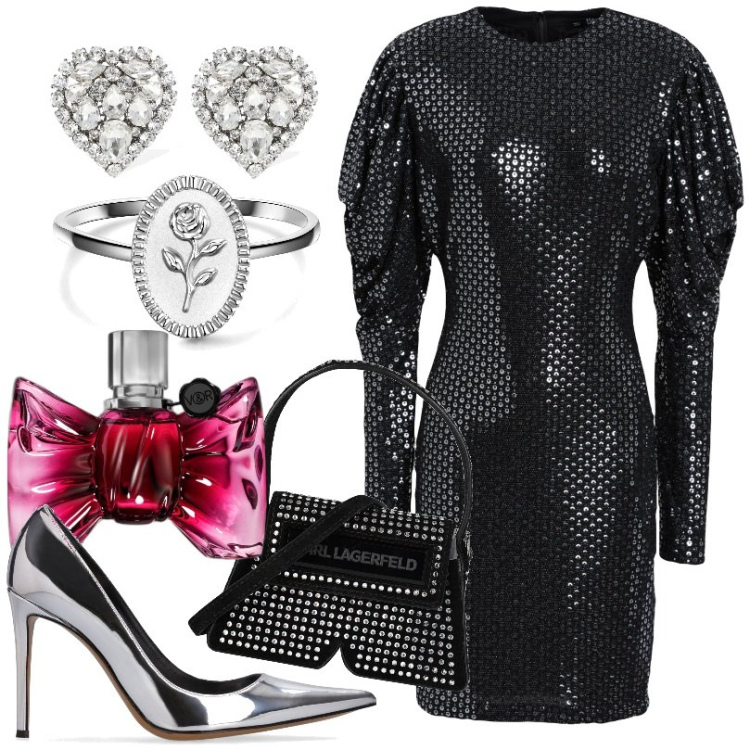 Outfit donna - Anello stile vintage. Stile Glamour per Serata fuori. Abbinamento con vestiti corti, anelli, borse a mano, profumi, orecchini, décolleté.