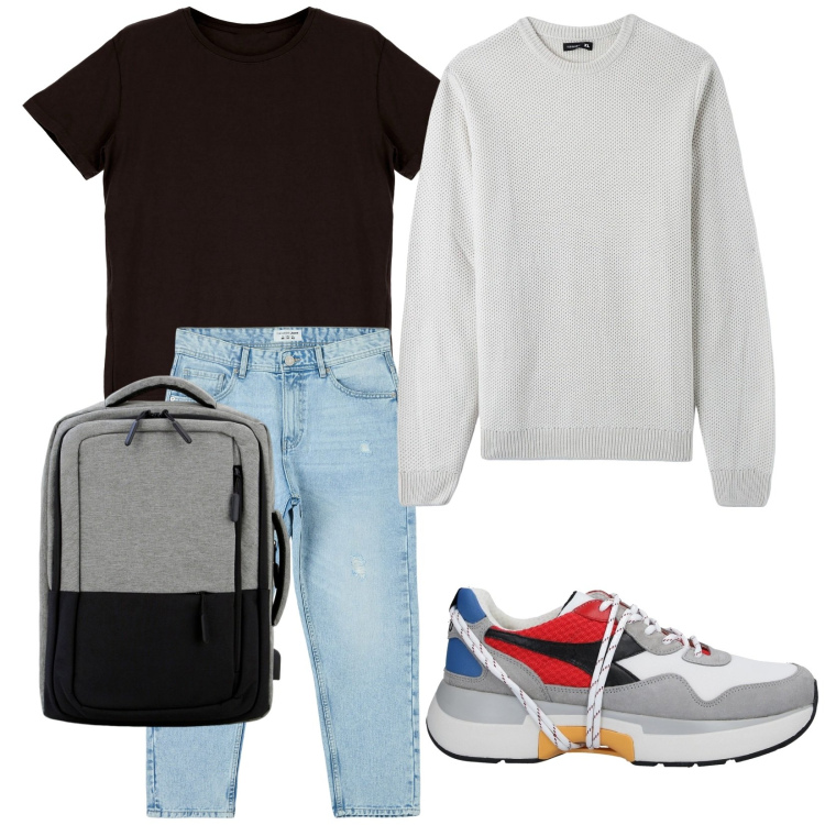 Outfit uomo - Total look #1807210. Stile Urban per Tutti i giorni. Abbinamento con sneakers, jeans strappati, maglieria, t-shirt, borse sportive.