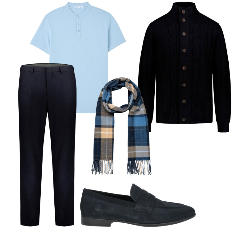 Outfit uomo - Total look #1807212. Stile Business/Elegante per Serata speciale. Abbinamento con scarpe stringate, t-shirt, cardigans, sciarpe, pantaloni.