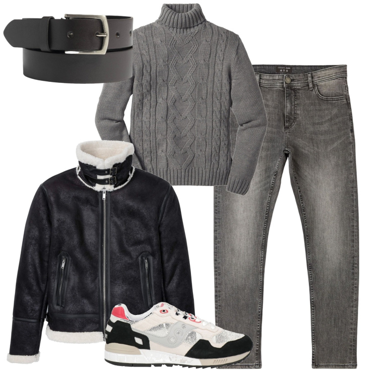 Outfit uomo - City. Stile Urban per Tutti i giorni. Abbinamento con maglieria, bomber, sneakers, jeans skinny, cinture.