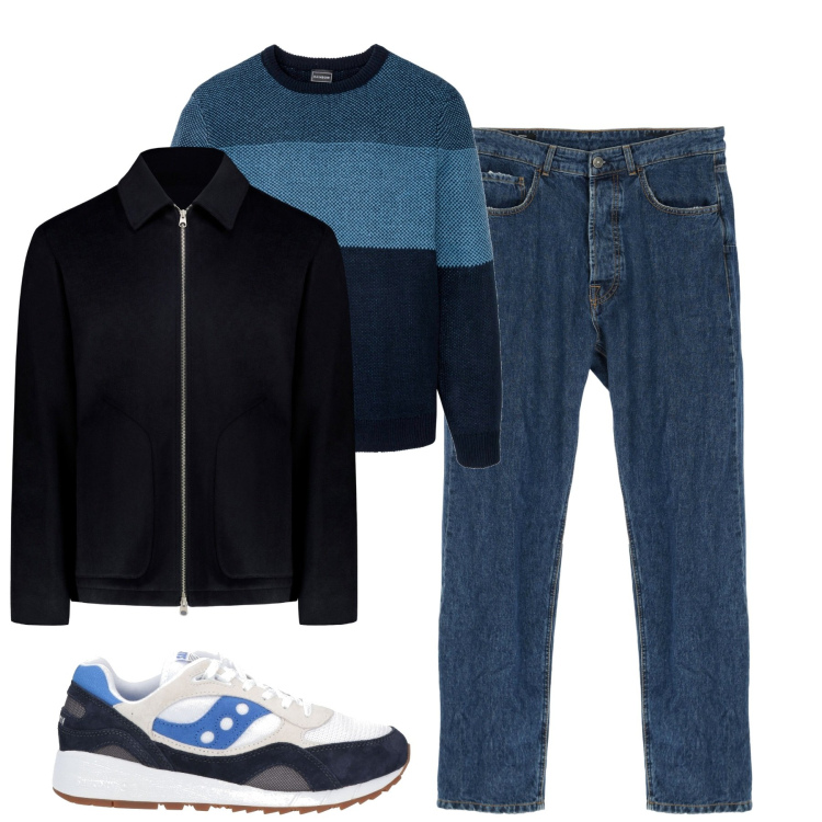 Outfit uomo - Total look #1807245. Stile Urban per Tutti i giorni. Abbinamento con maglieria, sneakers, jeans dritti, giacche.