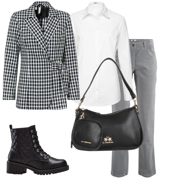 Outfit donna - Total look #1807256. Stile Casual chic per Ufficio. Abbinamento con pantaloni, camicie, blazer, stivaletti, borse a mano.