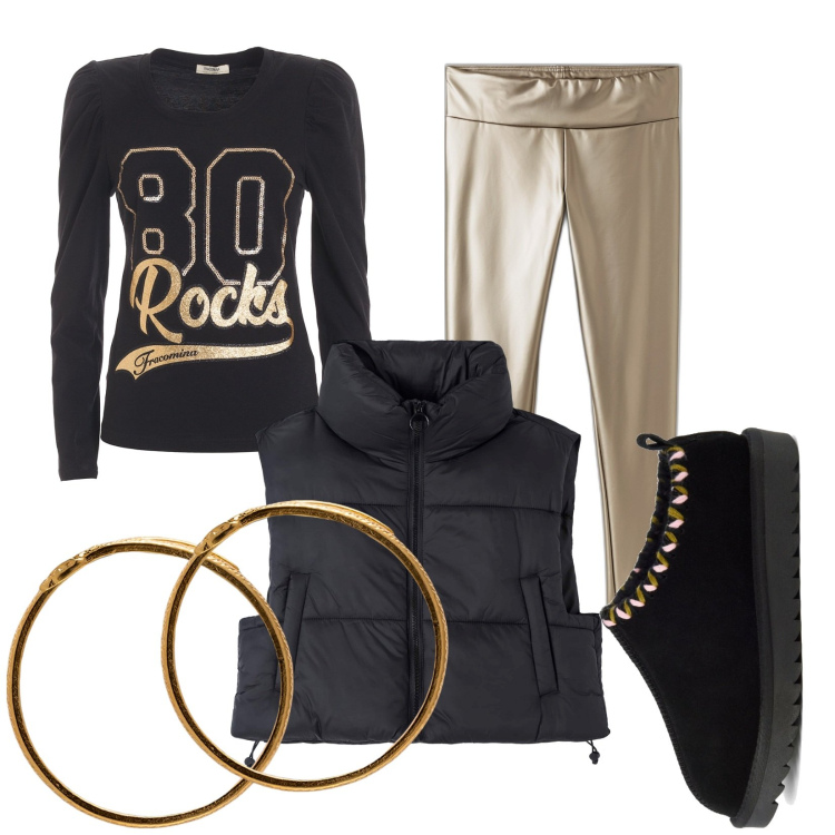 Outfit donna - Pub. Stile 70s per Scuola/Università. Abbinamento con leggings, piumini, t-shirt, sabot, braccialetti.