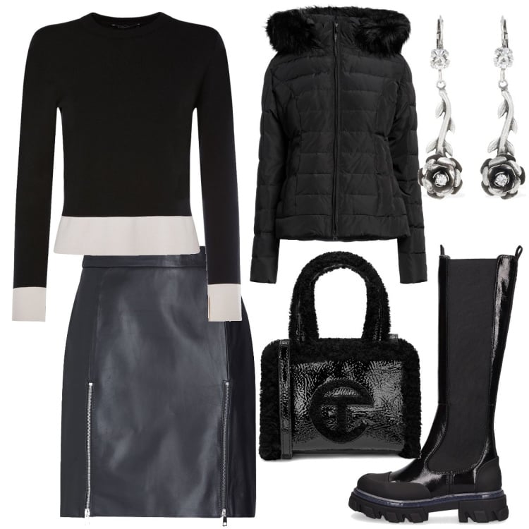 Outfit donna - Corta per il giorno. Stile Rock per Ufficio. Abbinamento con minigonne, piumini, stivaletti chelsea, orecchini, shopping bag, maglieria.