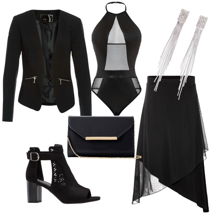 Outfit donna - Body protagonista. Stile Chic per Serata fuori. Abbinamento con blazer, sandali col tacco, orecchini, gonne, body, pochette.