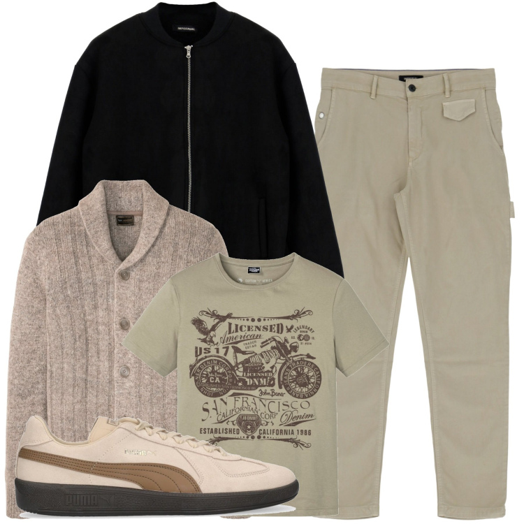 Outfit uomo - Febbraio. Stile Urban per Tutti i giorni. Abbinamento con cardigans, t-shirt, pantaloni, cappotti, sneakers.
