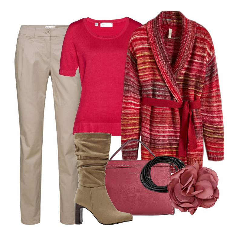 Outfit donna - City. Stile Romantica per Tutti i giorni. Abbinamento con pantaloni chino, cardigans, maglieria, stivali, borse a mano, collane.