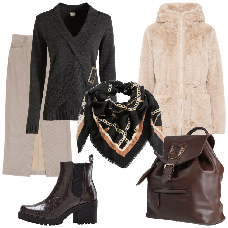 Outfit donna - Longuette e pellicciotto. Stile Casual per Tutti i giorni. Abbinamento con ecopellicce, stivaletti chelsea, pullovers, foulard, zaini, gonne lunghe.