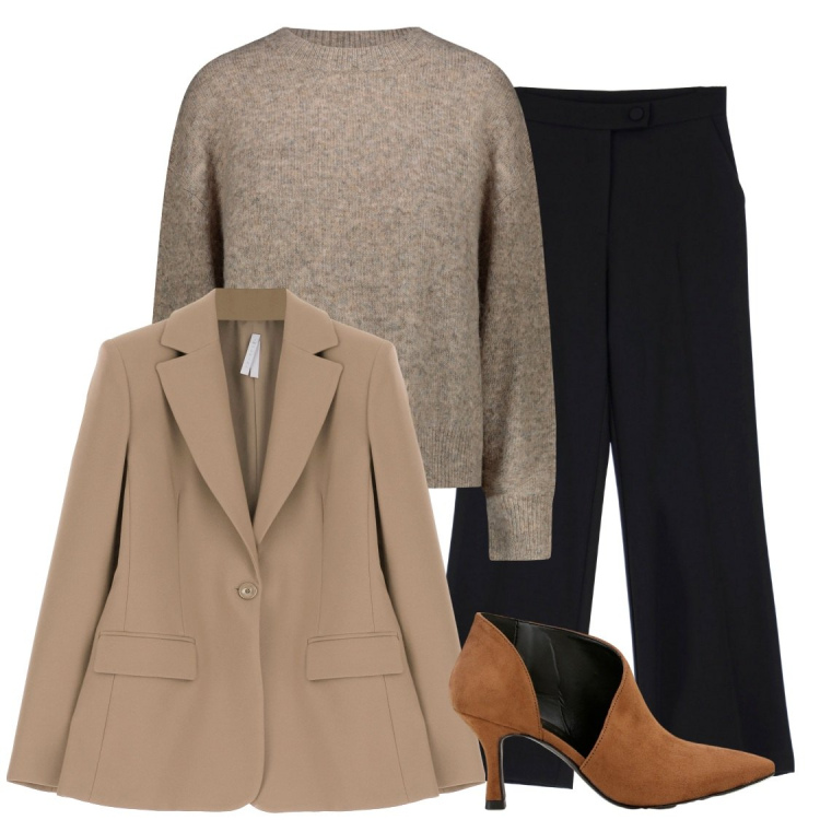 Outfit donna - Total look #1807356. Abbinamento con pantaloni a palazzo, blazer, stivaletti, maglieria.