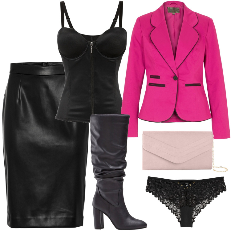 Outfit donna - Il body sotto la giacca. Stile Sexy per Serata fuori. Abbinamento con pochette, blazer, gonne longuette, body, stivali sopra il ginocchio, culotte.