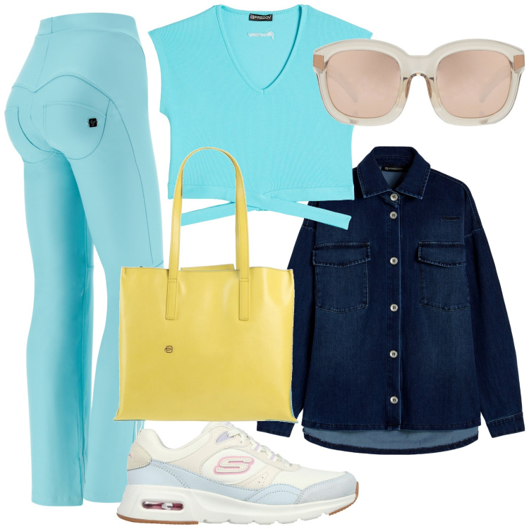 Outfit donna - Total look #1807377. Stile Sporty chic per Tutti i giorni. Abbinamento con occhiali da sole, borse a spalla, pantaloni, camicie, t-shirt, sneakers.