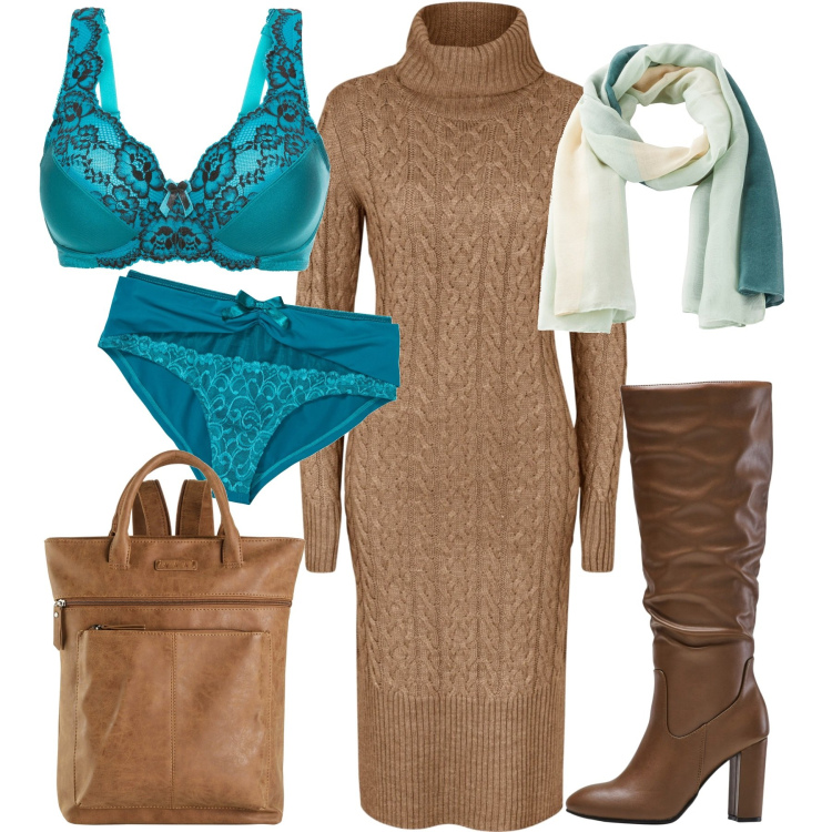 Outfit donna - BonPrix. Stile Casual chic per Serata fuori. Abbinamento con zaini, stivali sopra il ginocchio, vestiti midi/longuette, slip, reggiseni, sciarpe.