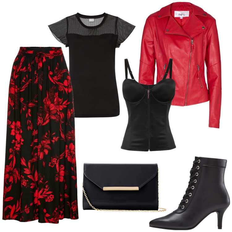 Outfit donna - Rosso e nero, seducente. Stile Glamour per Serata fuori. Abbinamento con gonne lunghe, body, blazer, stivaletti, maglieria, pochette.