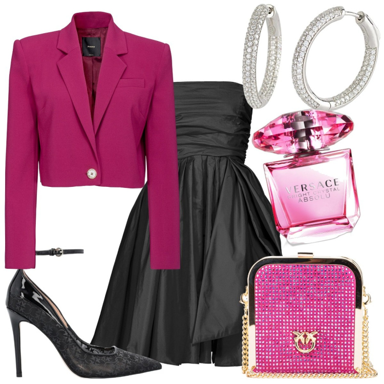 Outfit donna - Elegante per San Valentino. Stile Romantica per Serata fuori. Abbinamento con profumi, orecchini, vestiti corti, clutch, blazer, décolleté.
