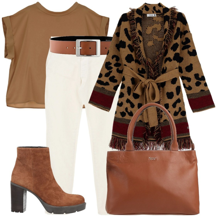 Outfit donna - Total brown. Stile Casual chic per Ufficio. Abbinamento con cinture, borse a mano, stivaletti, cardigans, t-shirt, jeans slim fit.