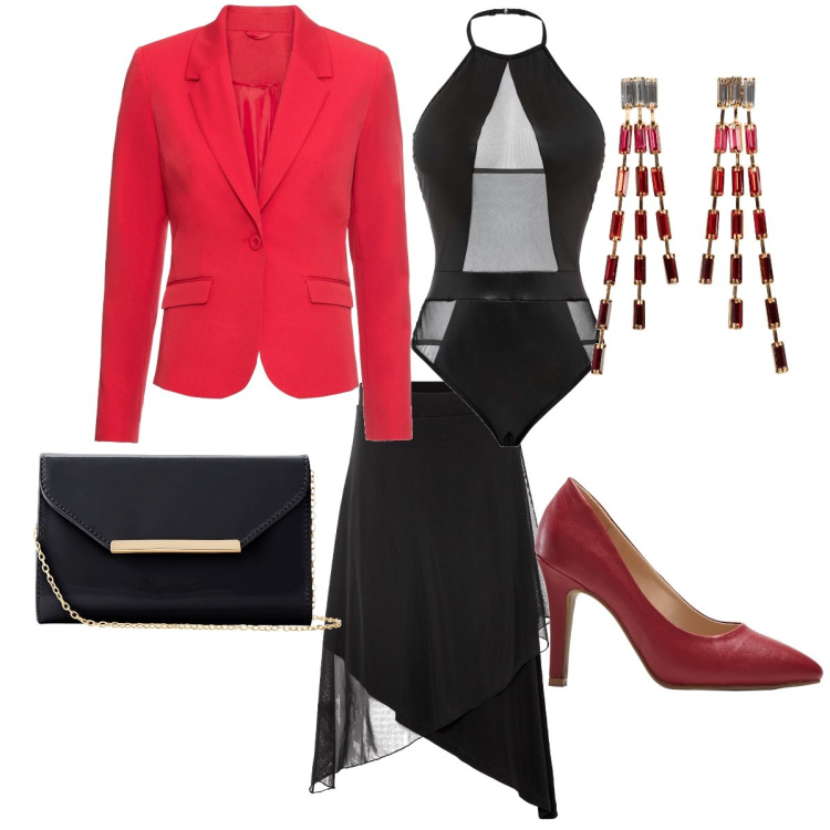 Outfit donna - San Valentino rosso e nero. Stile Chic per Serata fuori. Abbinamento con body, blazer, décolleté, gonne, pochette, orecchini.