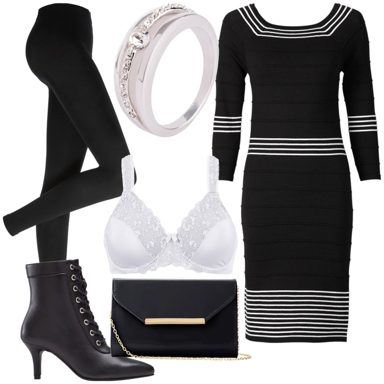 Outfit donna - San Valentino. Stile Chic per Serata fuori. Abbinamento con vestiti, anelli, reggiseni, leggings, stivaletti, pochette.