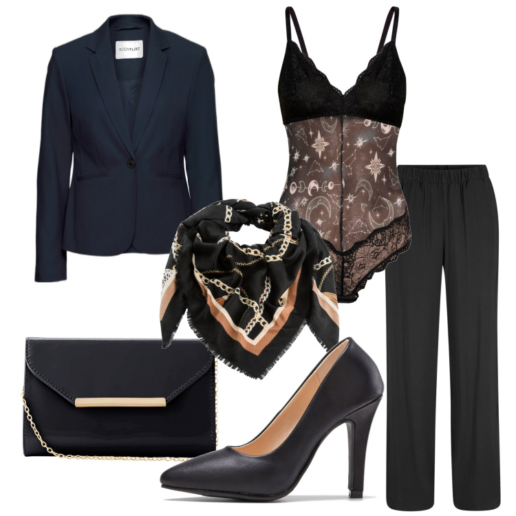Outfit donna - La tua nuova lingerie. Stile Chic per Serata fuori. Abbinamento con pantaloni, blazer, body, décolleté, foulard, pochette.