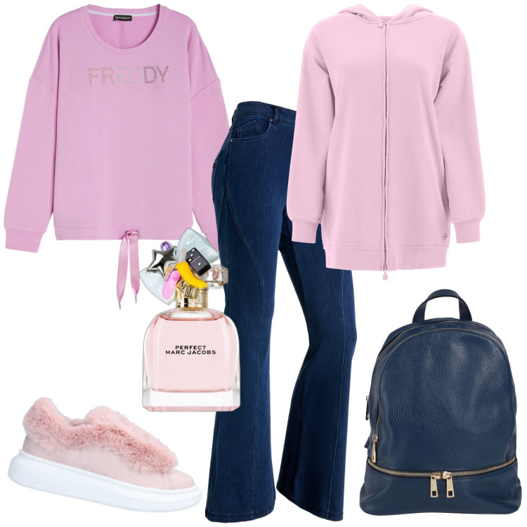 Outfit donna - San Valentino. Stile Casual per Tutti i giorni. Abbinamento con sneakers, zaini, profumi, jeans a zampa, felpe con cappuccio, felpe.