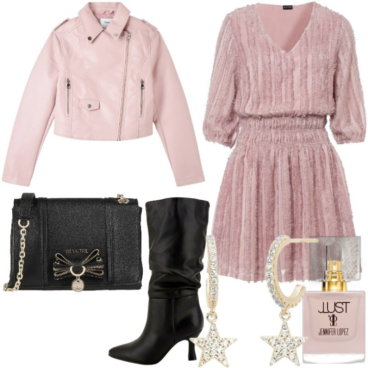 Outfit donna - Total look #1807432. Stile Romantica per Serata fuori. Abbinamento con vestiti, borse a tracolla, profumi, giacche, orecchini, stivali.
